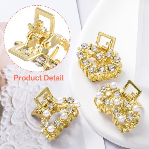 8 PCS Mini Pearl Hair Clips, PAGOW Gold Rhinestone Pearl Metal Claw Clips, Bangs Styling Claw Clips, Faux Pearls Crystal Sparkly Hairpins Hair Accessories for Women And Girls (8 Designs)