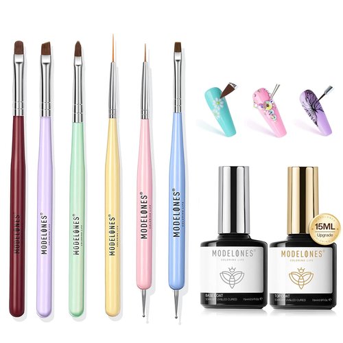 Modelones 8Pcs Nail Art Brushes with 15ml Base & Top Coat Set