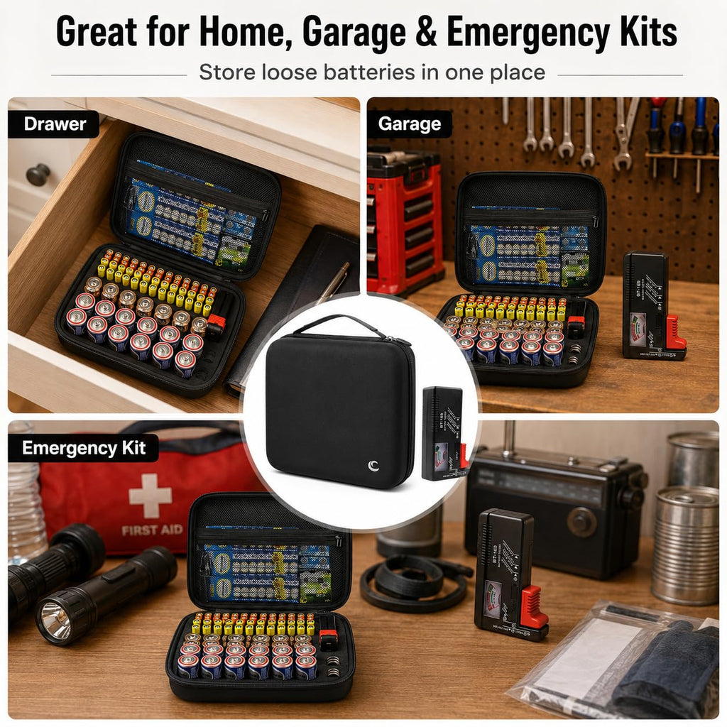 Comecase Battery Organizer Storage Case with Tester, Hard Battery Holder for AA AAA C D Button Cells, Holds 80 Batteries, Portable Batteries Box for Drawer Garage Home Emergency Supplies, Case Only