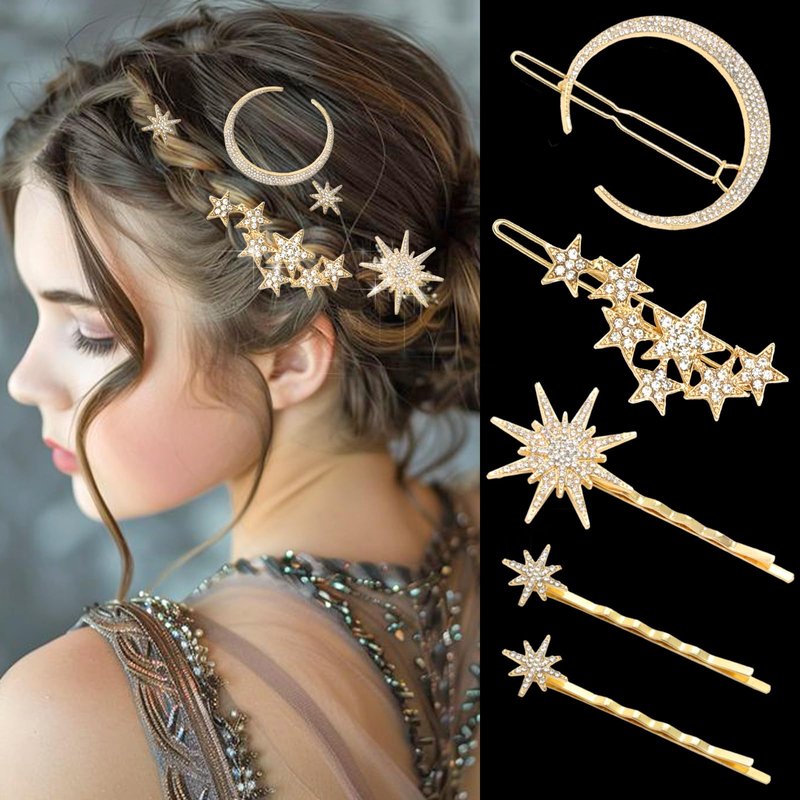 VENOFEN Rhinestone Moon Hair Clips Gold Star Hair Pins Sparkly Crystal Decorative Bobby Pins for Women Vintage Bridal Side Clips Wedding Prom Party Celestial Hair Accessories