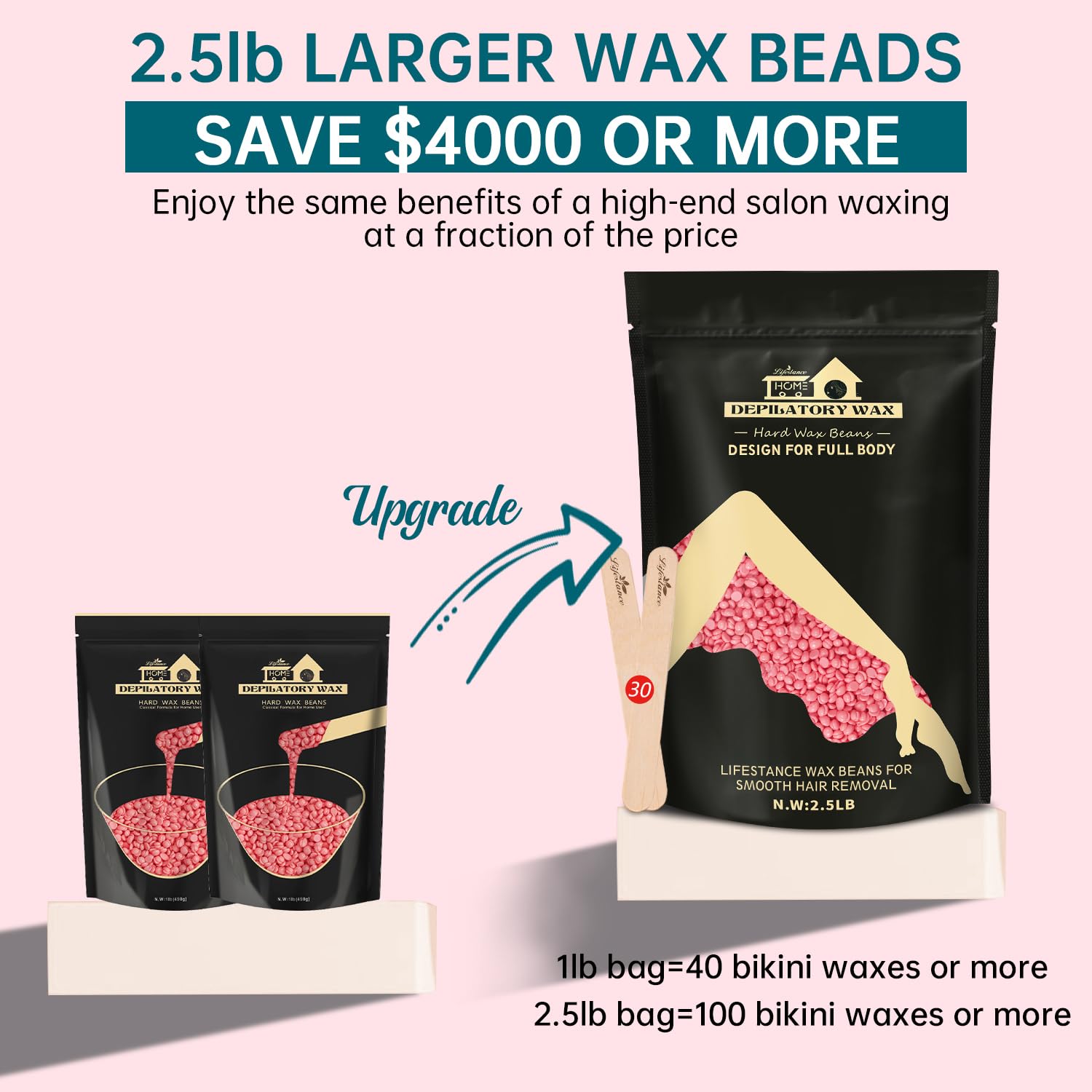 Lifestance Wax Beans Hair Removal Kit, Rose Pink, 2.5lb with 30 Applicators for Eyebrow, Face, Underarm, Bikini Waxing, Women Men Sensitive Skin