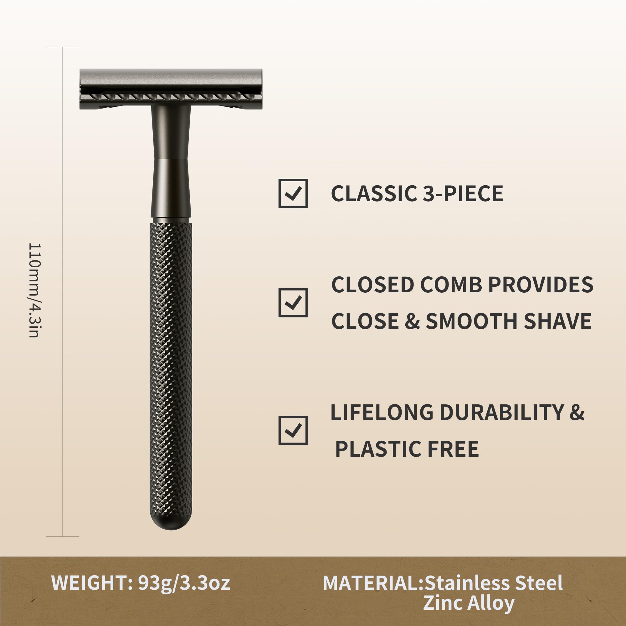 Gearhub Double Edge Safety Razor Stainless Steel Metal Reusable Wet Shaving Razor with 10 Swedish Platinum Blades for Men Women Barber Bikini Armpit Hair, Matte Black GRB3G