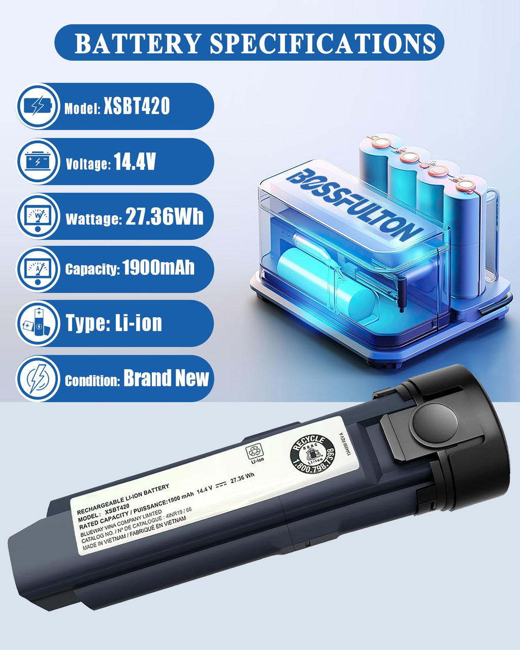 bossfulton XSBT420 Vacuum Battery Replacement for Shark WS642AE Parts Lithium ion for WS640AE WS640 WS642 WV401BL WV403BR WV410TL WS640BL Series XSBT420AS XSBT420UK 4inr19/66 Cordless Vacuum Cleaner