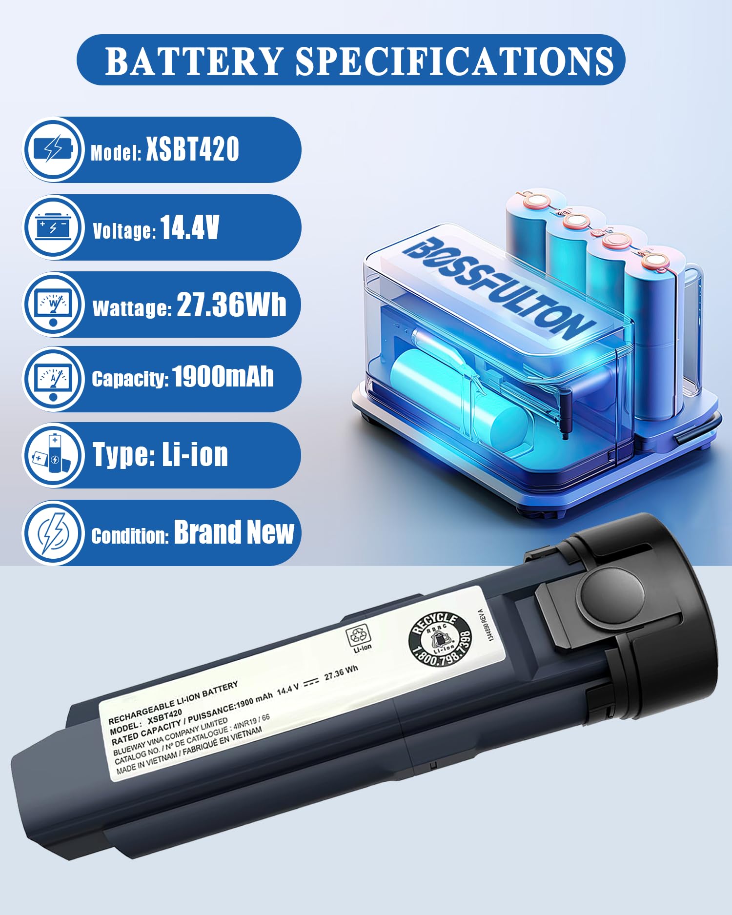 bossfulton XSBT420 Vacuum Battery Replacement for Shark WS642AE Parts Lithium ion for WS640AE WS640 WS642 WV401BL WV403BR WV410TL WS640BL Series XSBT420AS XSBT420UK 4inr19/66 Cordless Vacuum Cleaner