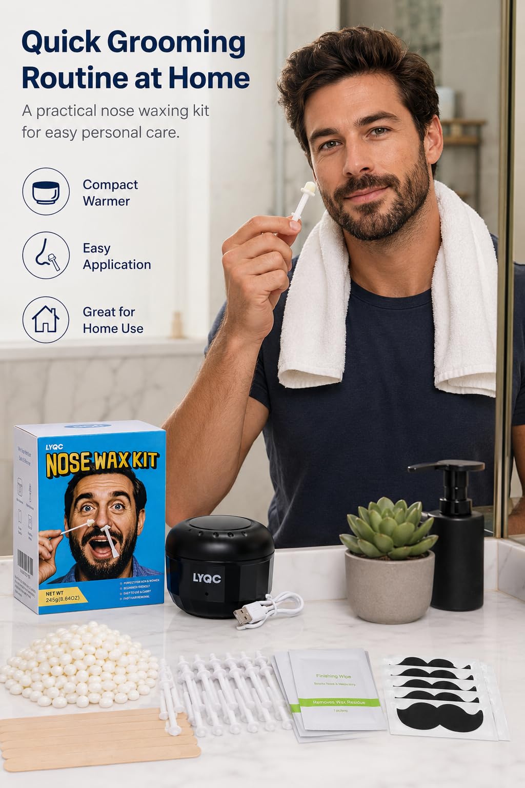 LYQC Nose Wax Kit Men, Mini Wax Warmer for Nose Eyebrow Ear Hair Removal, waxing kit with USB Fast Heat，including 100g Beads & 30 Sticks，Portable wax machine, suitable for home travel use - black