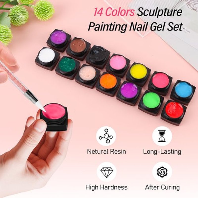 EBANKU 14 Colors Sculpture Painting Nail Gel Set, 3D Nail Carved Gel Sculpture Creative DIY Decoration Painting Glue with Silicone Mold, Silicone Pen, Cuticle Pusher and Carving Brush