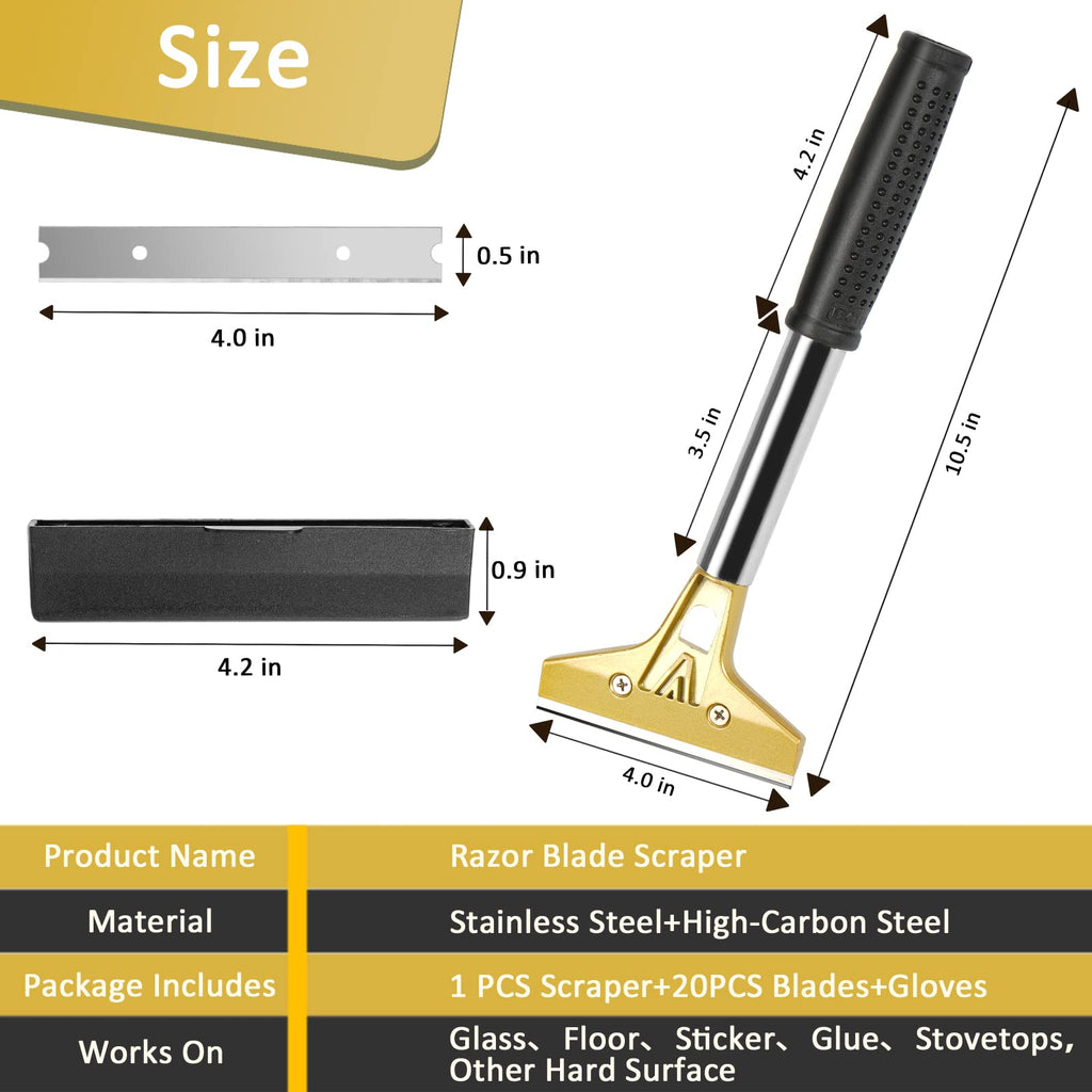 wanguan Razor Blade Scraper,Floor Scraper Tool with 20PCS Extra Blades,Paint Scraper Ideal for Cleaning Stove Top,Windows,Glass,Tiles,Wall,Labels.(4 in,Metal)