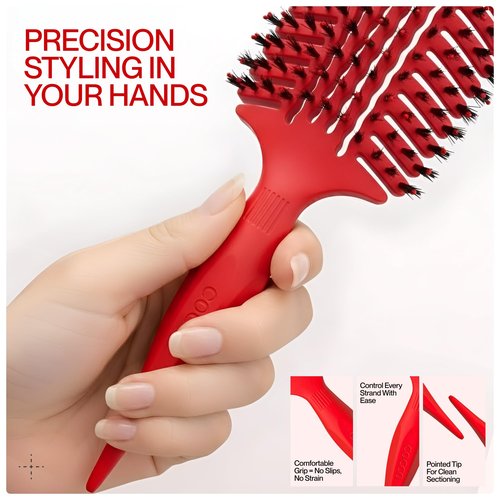 COCCO Aura Vent Boar Brush | Vented Dual-Curved Design for Faster Drying, Effortless Detangling & Shine, Boar + Nylon Bristles, Ergonomic Comfort Handle for Wet & Dry Hair Styling - Red