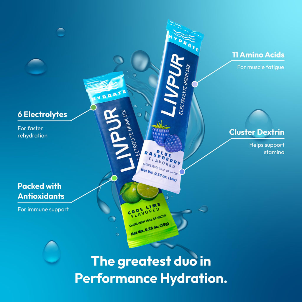 LIVPUR Electrolyte Hydration Powder, Cool Lime & Blue Raspberry, 16 Sticks