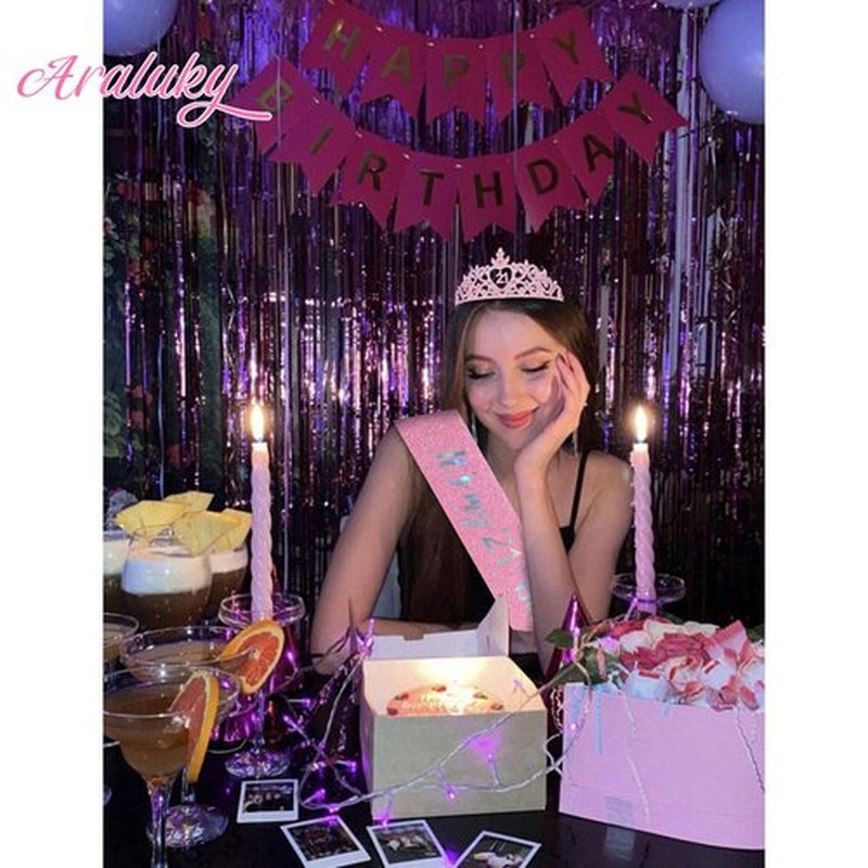 Araluky Pink 21st Birthday Decorations for Her with Happy 21st Birthday Sash for Women 21st Birthday Crown 21st Birthday Sash and Crown 21st Birthday Gifts for Her