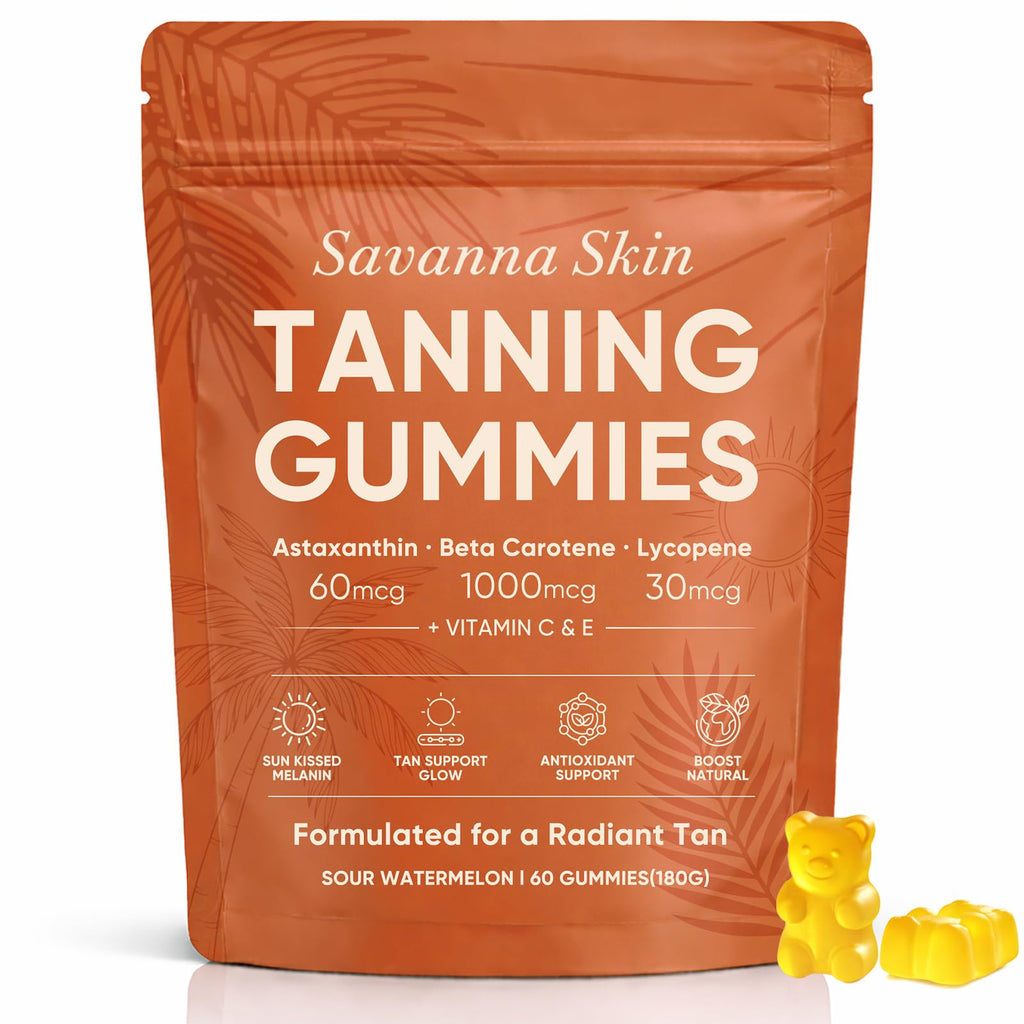 Boaccy Savanna Skin Tanning Gummies, Astaxanthin, Beta Carotene & Lycopene Blend with Vitamins C & E, Radiant Healthy Skin, Sour Watermelon Flavor, Vegan & Sugar-Free, 60 Count