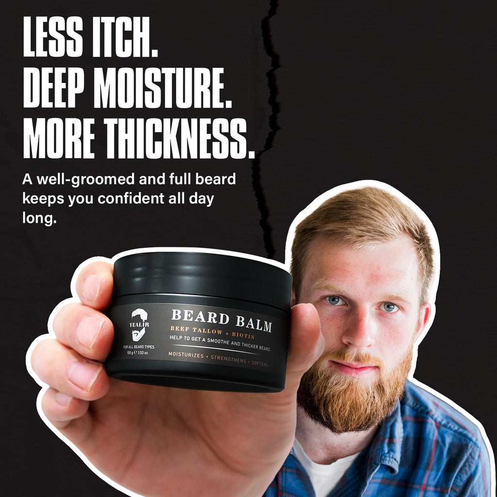 YEALIR Beard Balm for Men - Instant Frizz Control, Moisturizes & Softens Coarse Dry Beards, Beard Butter with Beef Tallow & Biotin for Fuller, Healthier Looking Beards, Fragrance-Free, 3.53 oz