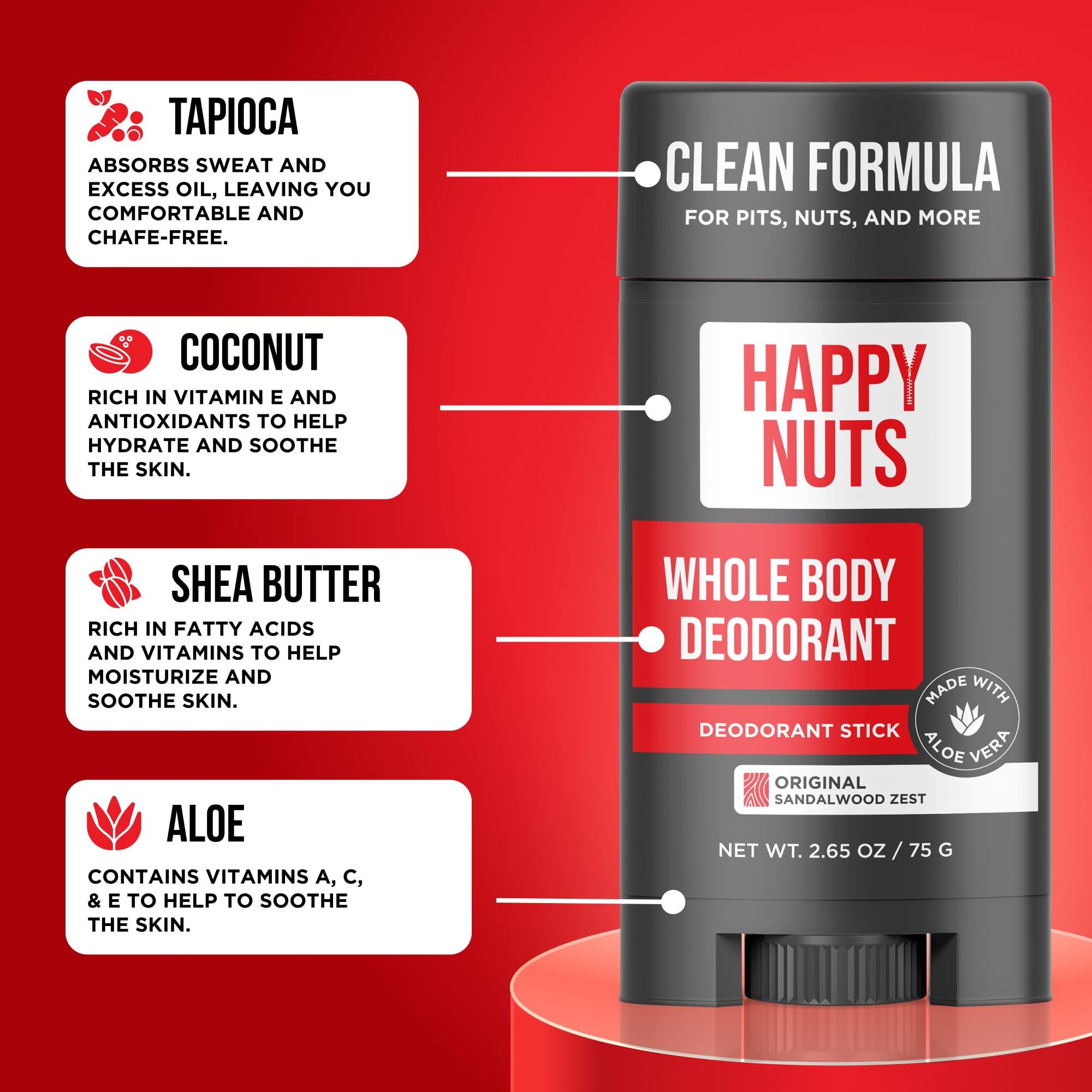 Happy Nuts Whole Body Deodorant for Men - Full Body Odor Control - Ideal for Perfect for Pits, Groin, and More - Powerful & Effective Men's Deodorant (2.65 Ounce (Pack of 1), Original)