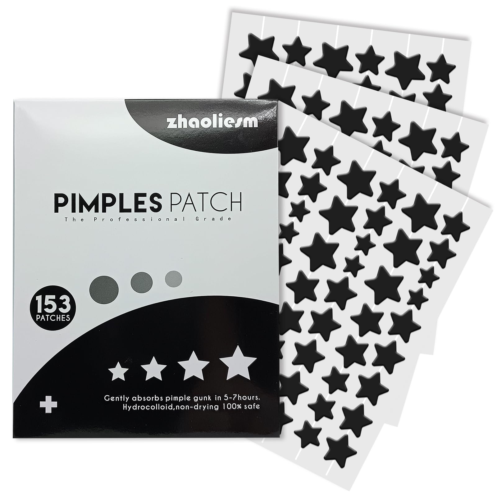 ZHAOLIESM Black Star Pimple Patches for Face, 153 Counts Hydrocolloid Star Acne Patches, Cute Zit Covers for Face, Spot Stickers with Tea Tree, Salicylic Acid and Cica Oil