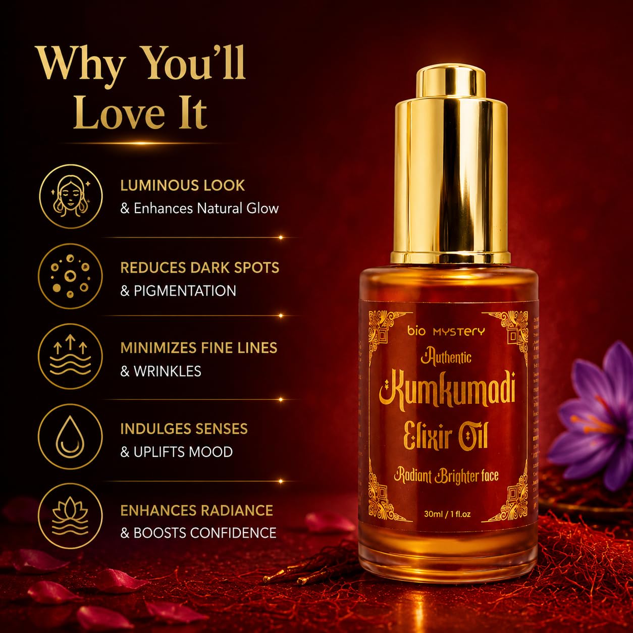 Bio Mystery Authentic Kumkumadi Elixir Oil, Rodiont Brighter Face Oil For Glowing Skin, Dark Spot Wrinkles and Pigmentation | Rich in Vitamin A & C | 30ml/1 floz
