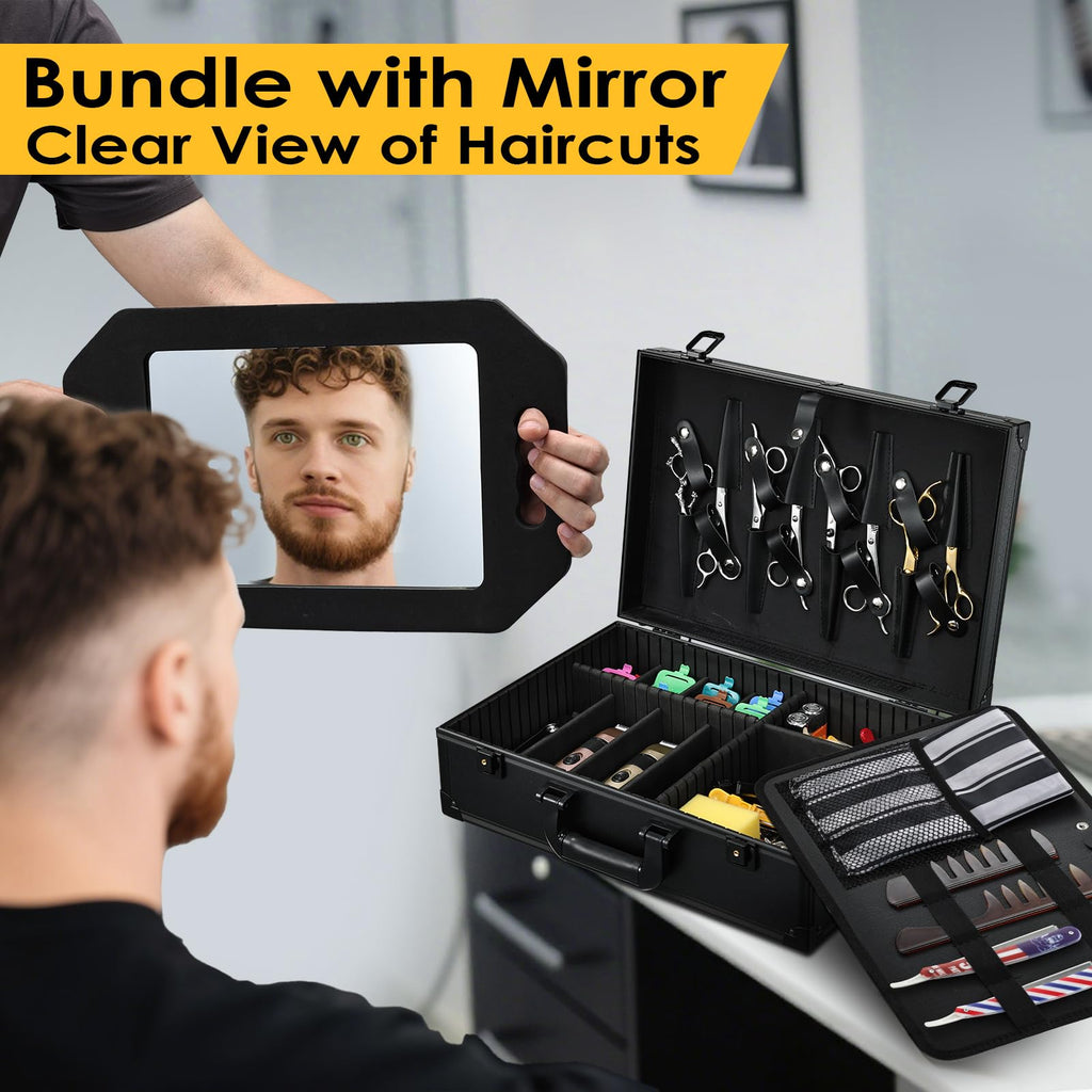 Yueieoun Barber Accessory Case with Mirror, Profesional Barbers Briefcase Tool Case, Barber Cases for Clippers and Supplies, Hair Scissors Trimmer Organizer, Salon Grooming Hard Travel Suitcase