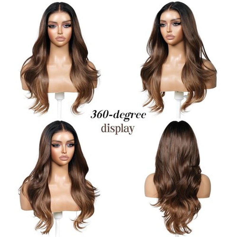 ENCOUNTERU Brown and Blonde Ombre Wig with Bangs 13x4 HD Lace Front Realistic Hairline Layered Body Wave Pre Plucked Pre Cut Synthetic Glueless Wig for Women 23 Inch