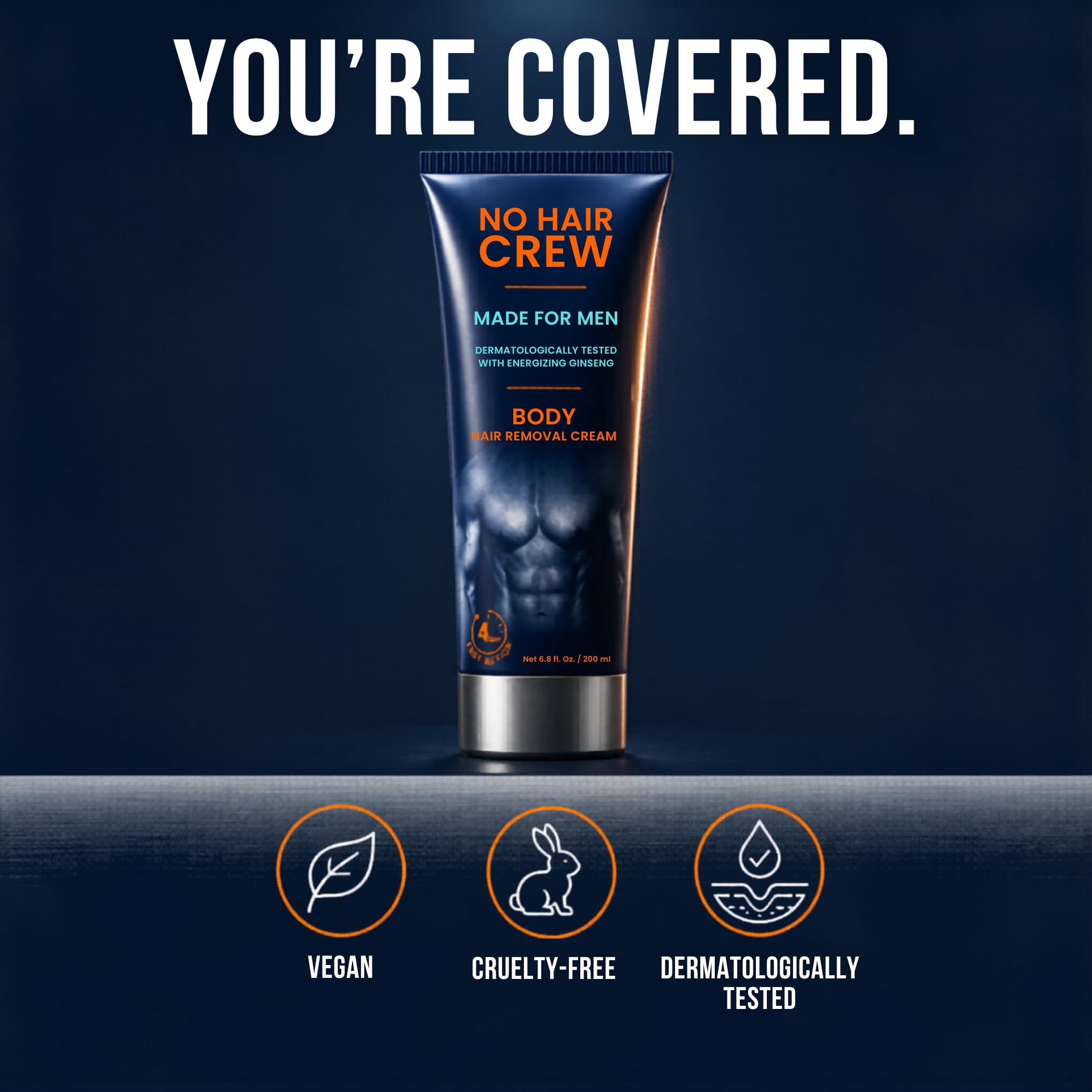 No Hair Crew Body At Home Hair Removal Cream for Manscaping Unwanted Hair with Energizing Ginseng, Premium Depilatory, Painless & Flawless, Made for Men, 200ml