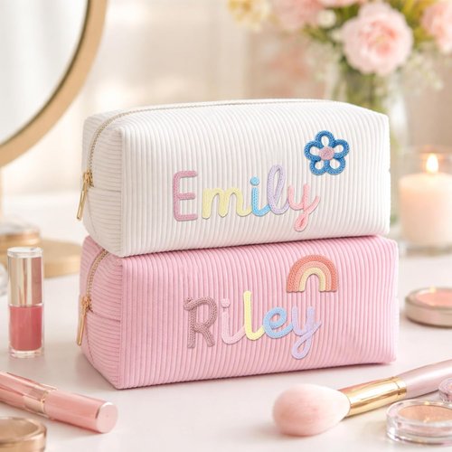 KAINSY Personalized Corduroy Makeup Bag - Custom Name & Pattern Design | Small Travel Cosmetic Pouch