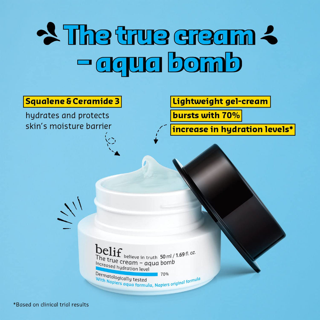 belif True Cream Aqua Bomb Duo Skincare Set | Rich, Weightless Moisturizer for Combination Skin | Antioxidants Packed Face Cream for Daily Hydration | Oat husk, Lady's Mantle | K Beauty | 5.07 Fl Oz