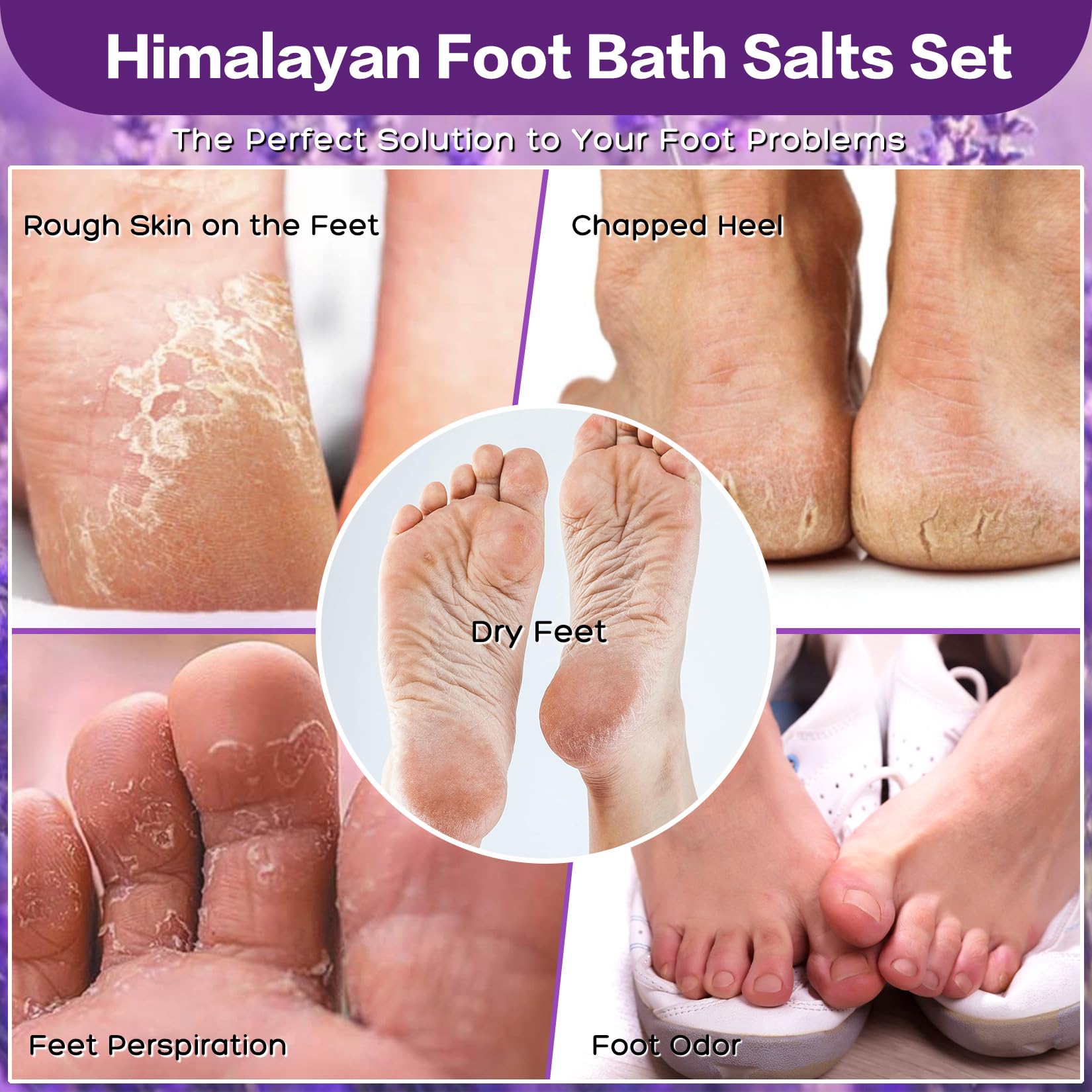 XIWEIOO Foot Soak Salts 4 Pack Kit 56 OZ Himalayan Pink Salt Lavender Orange Rose Scent Athletes Itching,Tea Tree Oil Foot Care Pedicure for Women Dead Sea Salt Moisturizing Skin Softens Calluses