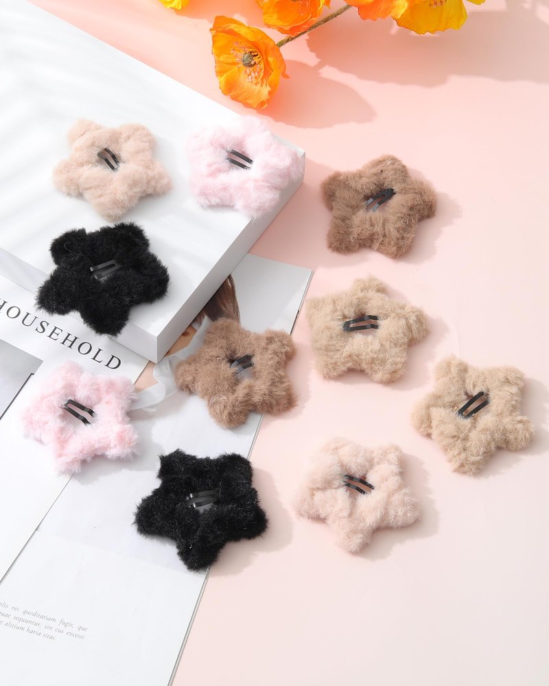 Ufgin 10 PCS Fluffy Star Hair Clips Cute Non-Slip Fuzzy Star Hair Clips Y2k Hair Barrettes for Women(Beige + Light Brown + Khaki + Black + Pink)