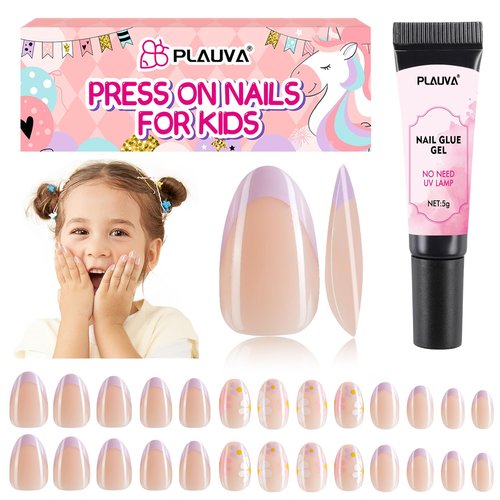 Plauva 26 Pieces Press on Nails for Kids, Children Purple French Tip Daisy Flowers Fake Nail for Kids Teenager Girls 8-12 Years Press on Nails with Nail Glue