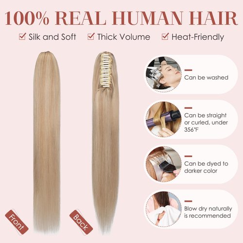 Human Hair Claw Clip Ponytail, Claw Clip Human Hair Ponytail,Effortless Application with Secure Hold,Style in Seconds,Quick Styling Solutions for Busy Lives 18"/113g Gold Blonde Mix Dark Blonde