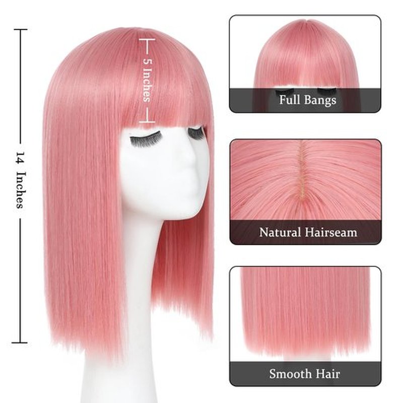 JSDshine Pink Bob Wig With Bangs - Heat Resistant 14Inch Synthetic Hair, Short Straight Shoulder Length Natural-Looking Cosplay Wig for Daily Use, Parties & Women Girls