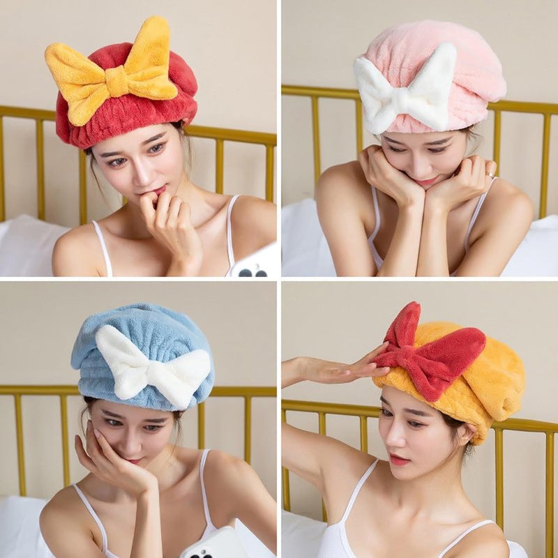YUMINGUHC 2Pcs Ultra Absorbent Hair Quick Drying Towel for Women Girls New Microfiber Hair Towel Wrap Dry Turban Soft Bow Tie Plopping Head Towels Shower Cap for Kids (Pink+Blue)