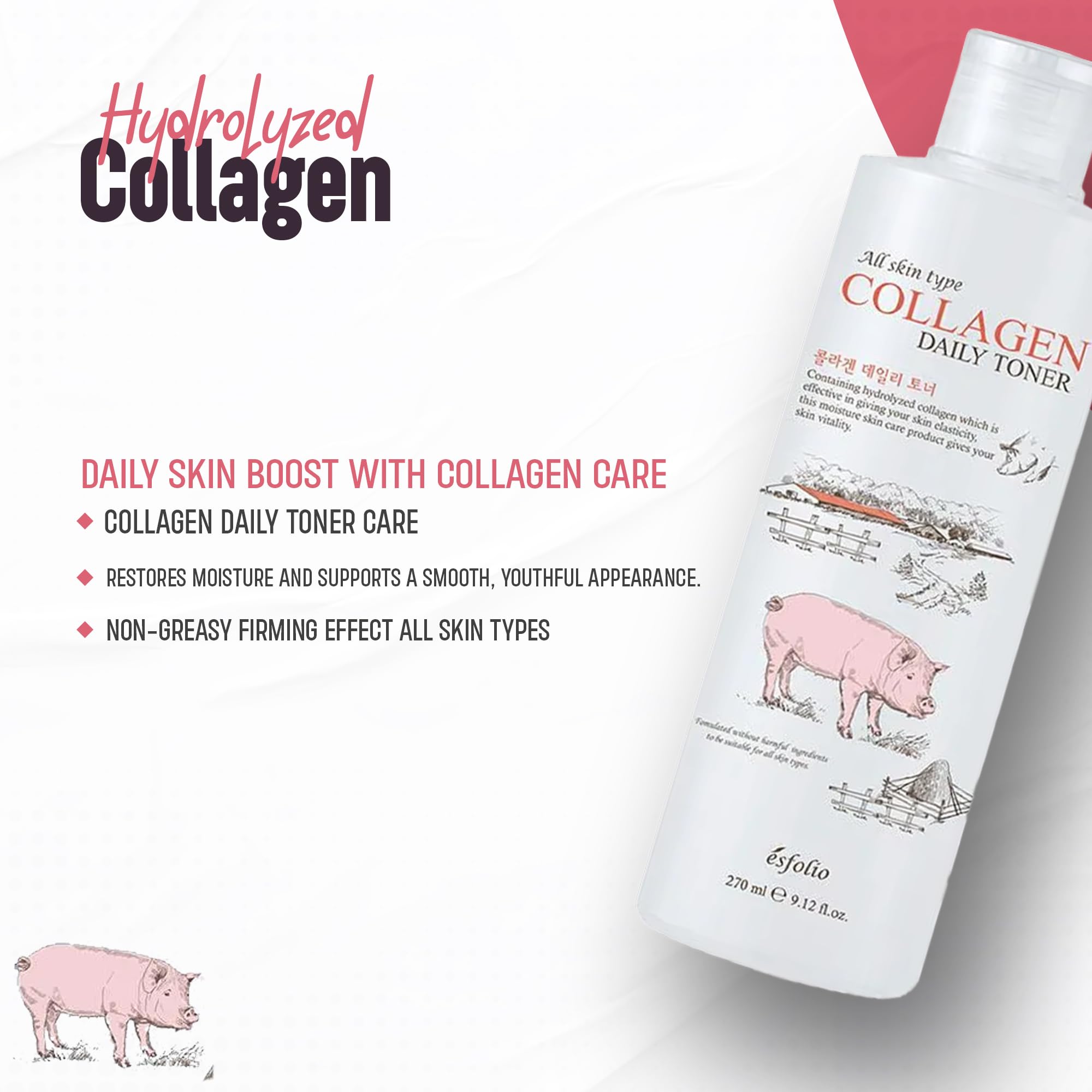 Esfolio Collagen Daily Toner – Hydrating & Firming Facial Toner with Hydrolyzed Collagen, Moisturizing & Soothing Skincare for All Skin Types, Anti-Aging & pH Balancing Korean Beauty (9.12OZ/270ML)