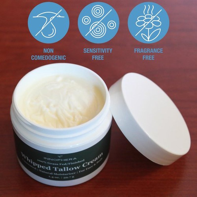 Innophera Whipped Beef Tallow Cream for Skin Care ‒ Grass Fed & Grass Finished ‒ 100% Natural Moisturizer for Sensitive Skin ‒ Handmade Face & Body Lotion ‒ Unscented & Odorless ‒ 1.4 oz.