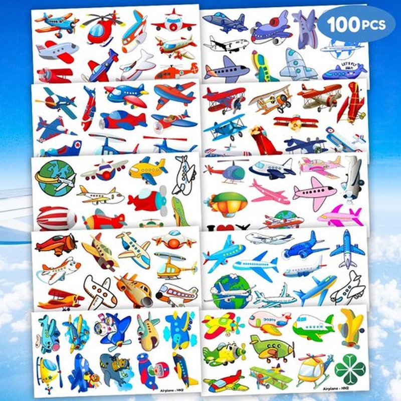 96PCS Airplane Temporary Tattoos Plane Travel Themed Birthday Party Decorations Favors Supplies Cool Jet Helicopter Aircraft Tattoo Stickers Gifts For Kids Boys Girls School Prizes Carnival