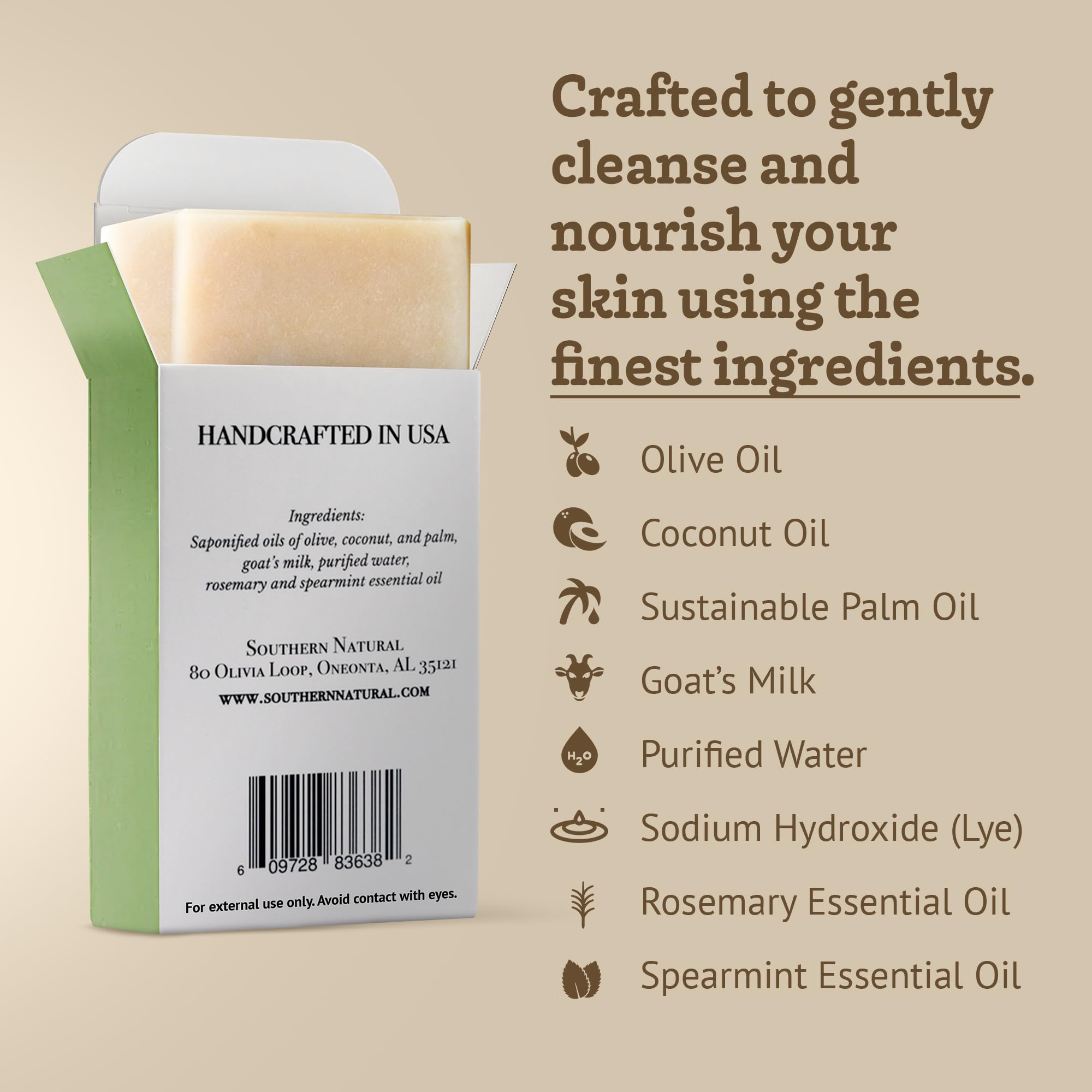 Southern Natural Handmade Goat Milk Soap Bar - Nourishing Cleanser for Dry and Sensitive Skin, Homemade Face & Body Wash with Rosemary Mint, Spearmint Essential Oil, 2-Pack (4-4.5 oz)