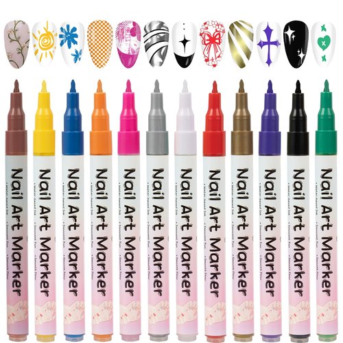 RFENLY 12 Colors Nail Art Pens Set, 3D 0.5MM Nail Polish Pens, DIY Nail Markers, Quick Drying Long Lasting Paint Graffiti Point Dotting Liner Pen Tools for Home & Salon