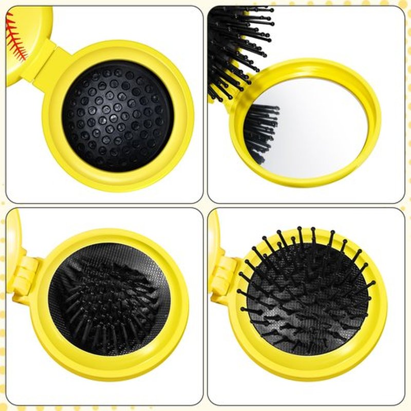 12 Pcs Softball Mini Detangler Brush, Folding Mirror Hair Brushes, Mini Travel Hair Brush, No Tangle Soft Flexible Bristles for Straight, Curly, Thick Hair for Softball Team Gift Sport Party
