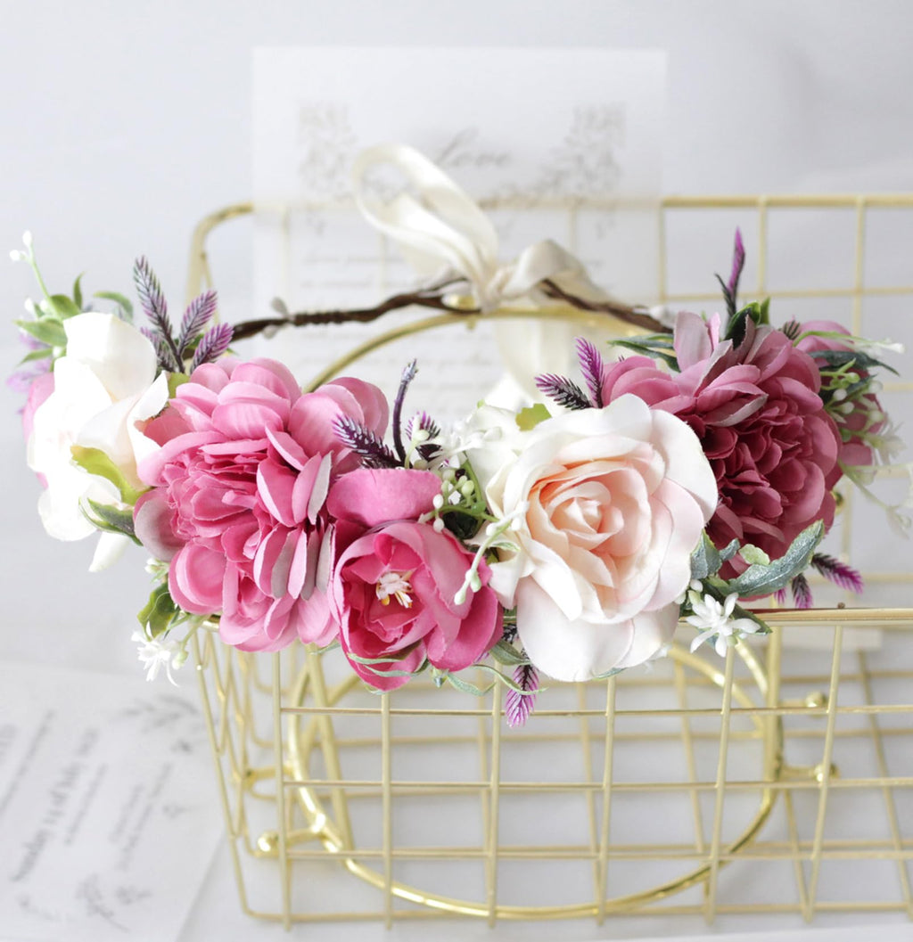 Vivivalue Fairy Floral Crown Even Headband Flower Headpiece Woodland Forest Elf Circlet for Women Halloween Renaissance Wedding Bridal Cosplay Prom Photo Props Pink