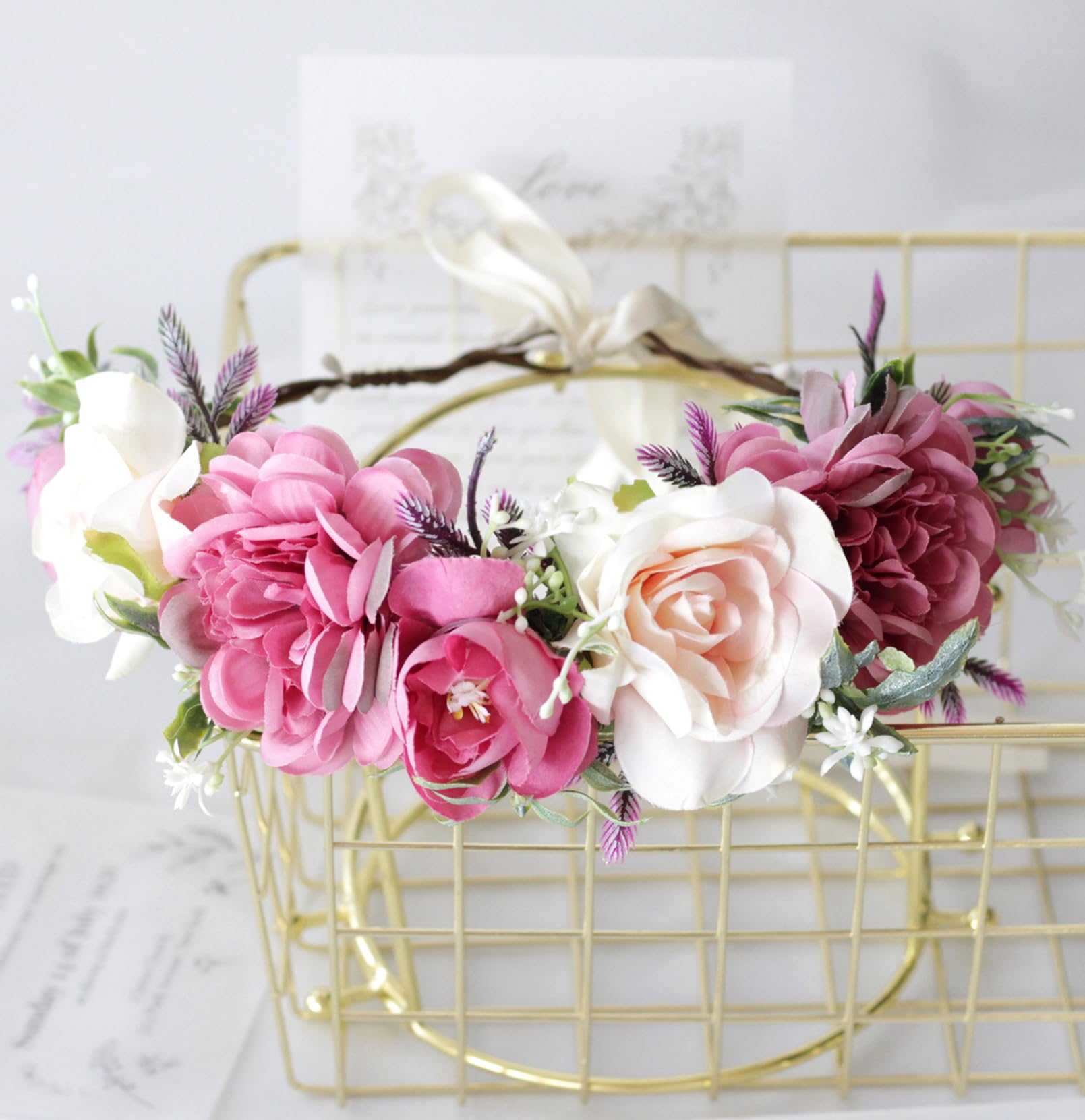 Vivivalue Fairy Floral Crown Even Headband Flower Headpiece Woodland Forest Elf Circlet for Women Halloween Renaissance Wedding Bridal Cosplay Prom Photo Props Pink