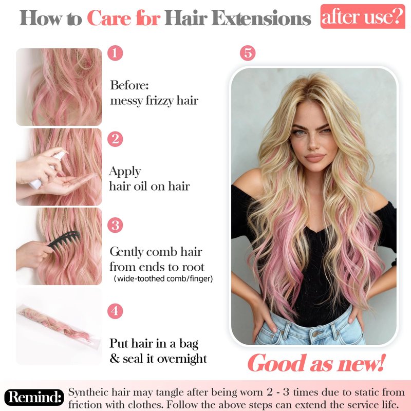 XIXISNOW Clip in Hair Extensions 25 Inch 4PCS Long Wavy Synthetic Hair Pieces for Women - Heat Safe Thick Natural Fake Hairs Extensions Double Weft Clip Ins Party Daily Use Blonde Mix Pink