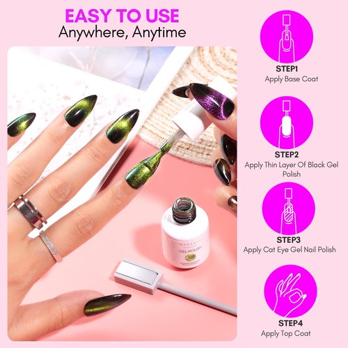 Makartt 9D Magnetic Cat Eye Gel Nail Polish Set, 6 Colors (Yellow, Purple, Silver, Rose Red, Green, Black Hole Effect) with Magnet Stick, 8ml – Soak Off DIY Manicure & Nail Art Supplies