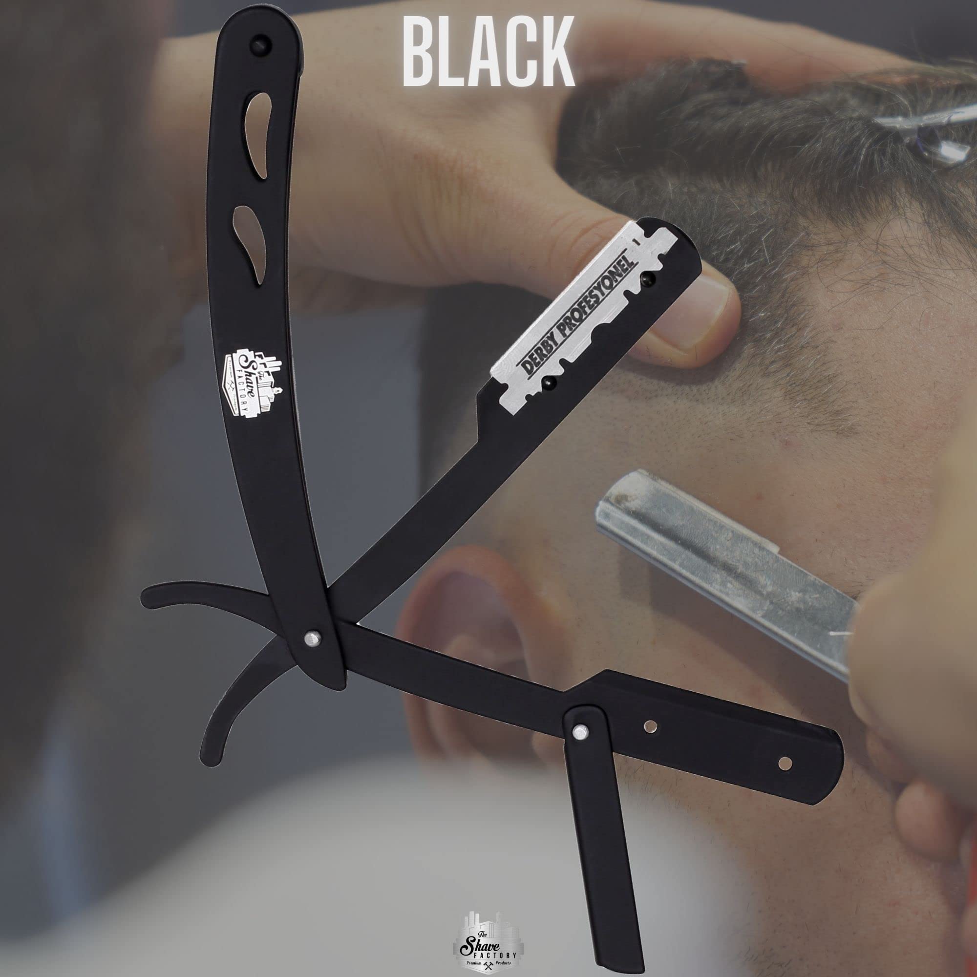 The Shave Factory Straight Edge Razor Kit - with Single Stainless Steel razors for men from (Black, Derby Premium Single Edge)