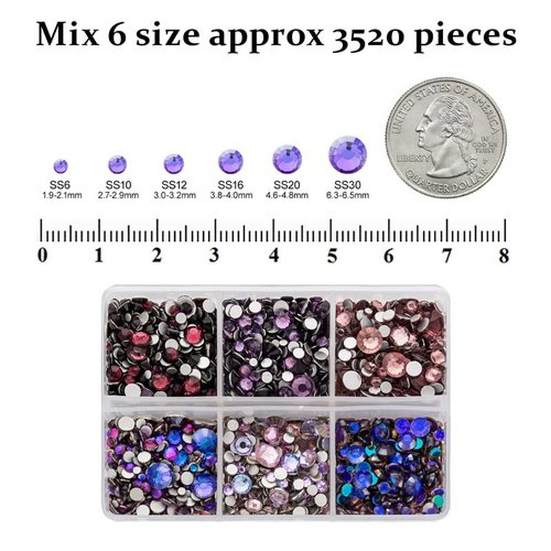 QPRETTY DU 3500PCS SS6-SS30 Purple Mix Size 6 Grid Box Glass Rhinestones Crystal Flatback Glitter Stones for Nail Art Accessorie DIY Crafts Decoration