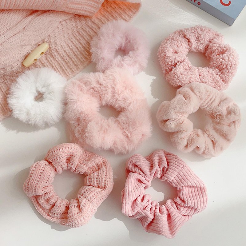 Yonchic 7-Piece Velvet Solid Elastic Hair Ties, Gentle Style Scrunchies for Women Long Thick Hair, No Damage Hair Scrunchies Rubber Bands Accessories (Pink)