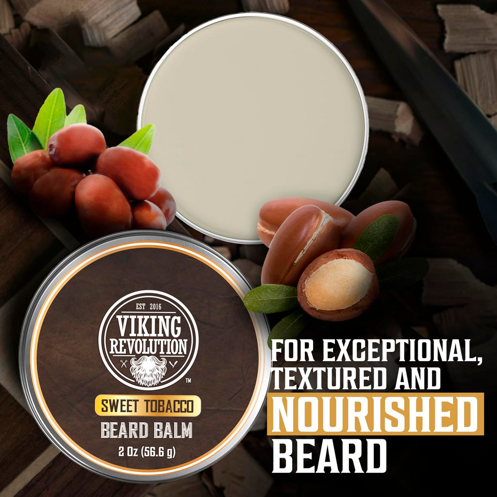 Viking Revolution Sweet Tobacco Beard Balm - Beard Butter with Argan Oil, Beard Softener for Men with Jojoba Oil - Beard Moisturizer for Men with Beeswax - Beard Wax for Men (2oz, 2 Pack)
