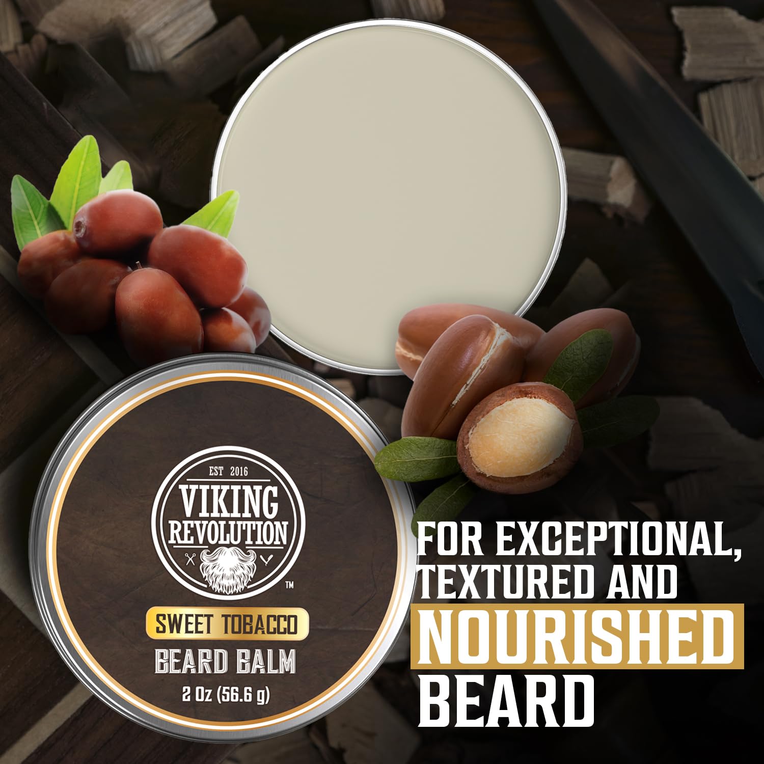 Viking Revolution Sweet Tobacco Beard Balm - Tobacco Scented Beard Butter with Argan Oil & Jojoba Oil - Softens and Moisturizes Beards for Men (2oz, 1 Pack)