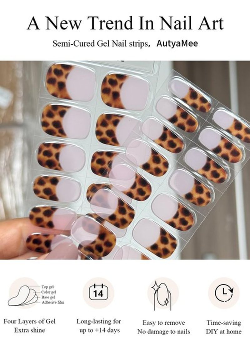 AutyaMee Semi Cured Gel Nail Strips (leopard French), 30 Pcs Gel Nail Wraps, Stickers, Long Lasting, Works With Any UV Lamps