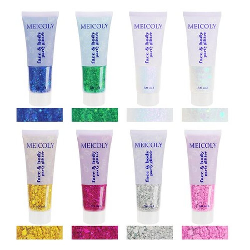 MEICOLY Gold and Clear White Face Body Glitter Set,Gold Face Glitter Gel,Singer Concerts Festival Rave Accessories,Sparkling Sequins Glitter Face Paint for Women and Kids,Chunky Glitter Makeup