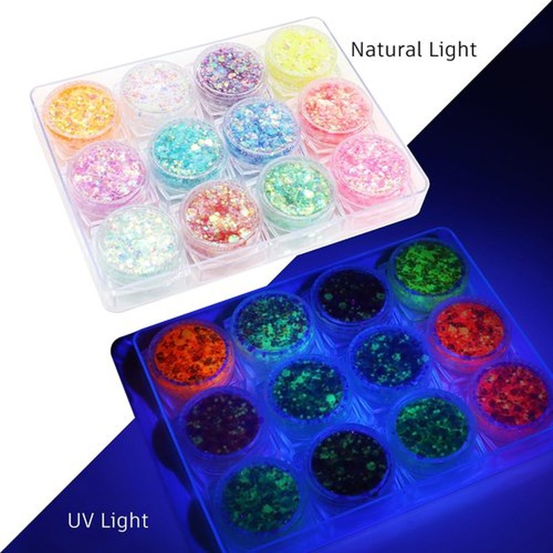 12 Color Glow in the Dark Glitter Gel - UV Black Light Reactive for Face, Body, Hair, Eyeshadow, No Glue Needed - Perfect for UV Parties, Festival & Rave Makeup-Glitter for Cosmetic Purposes