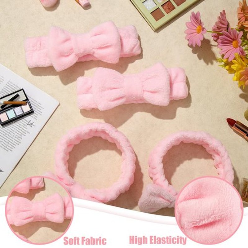 Riceshoot 36 Pcs Spa Headband Bulk Sleepover Party Favors Pink Bow Spa Party Supplies Flannel Fleece Elastic Soft Face Wash Headbands for Women(Pink)