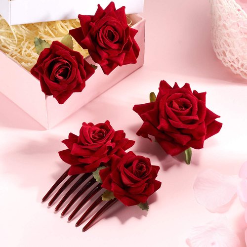 4 Pieces Rose Flower Hair Clip Big Rose Brooch Floral Clips Mexican Flower Hair Accessories for Woman Flamenco Dancer Bridal Party Wedding